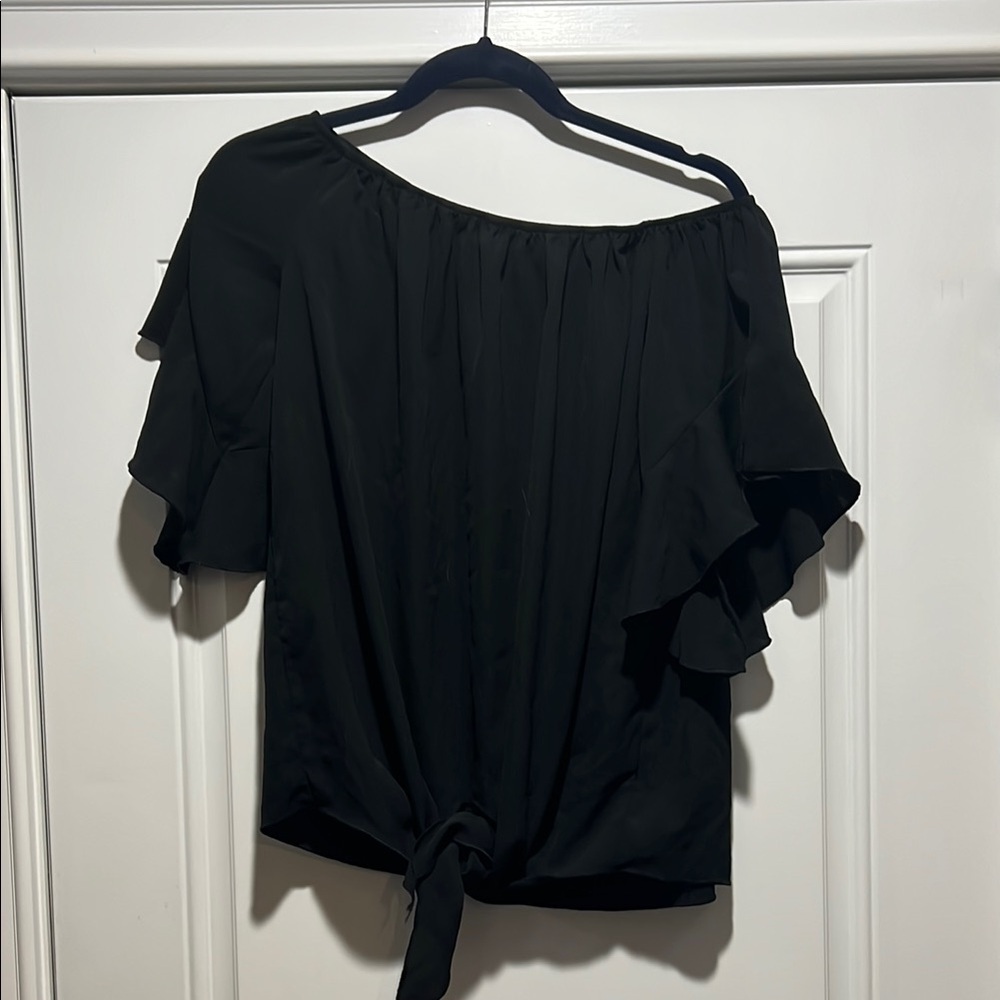 Size Large Black Flutter Sleeve Blouse with Ruffled Tie Front